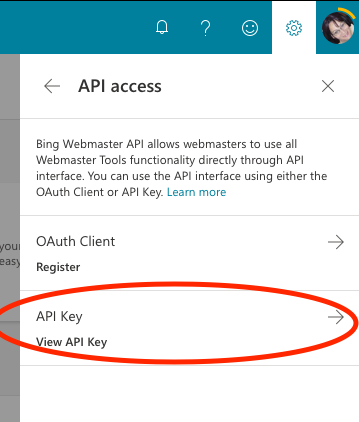 Find your Bing Webmaster Tools API key